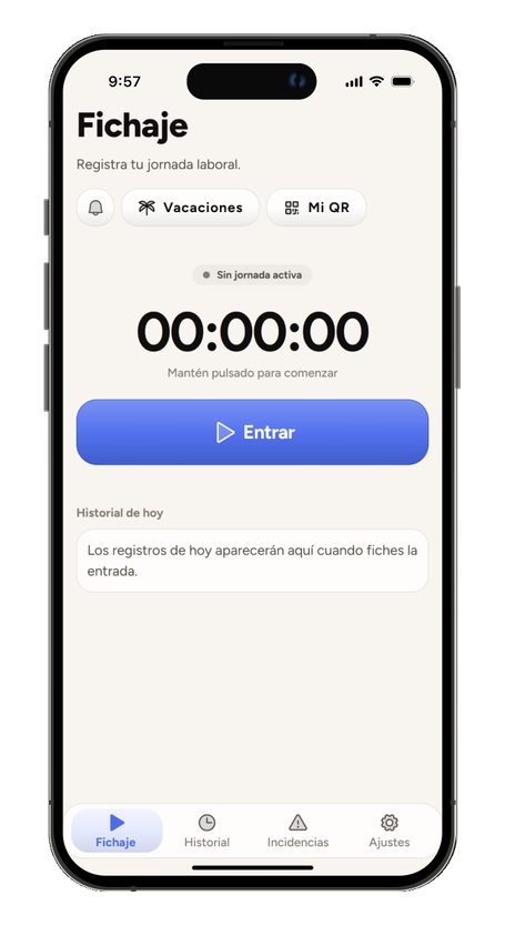Pantalla de fichaje de Kloc en iPhone
